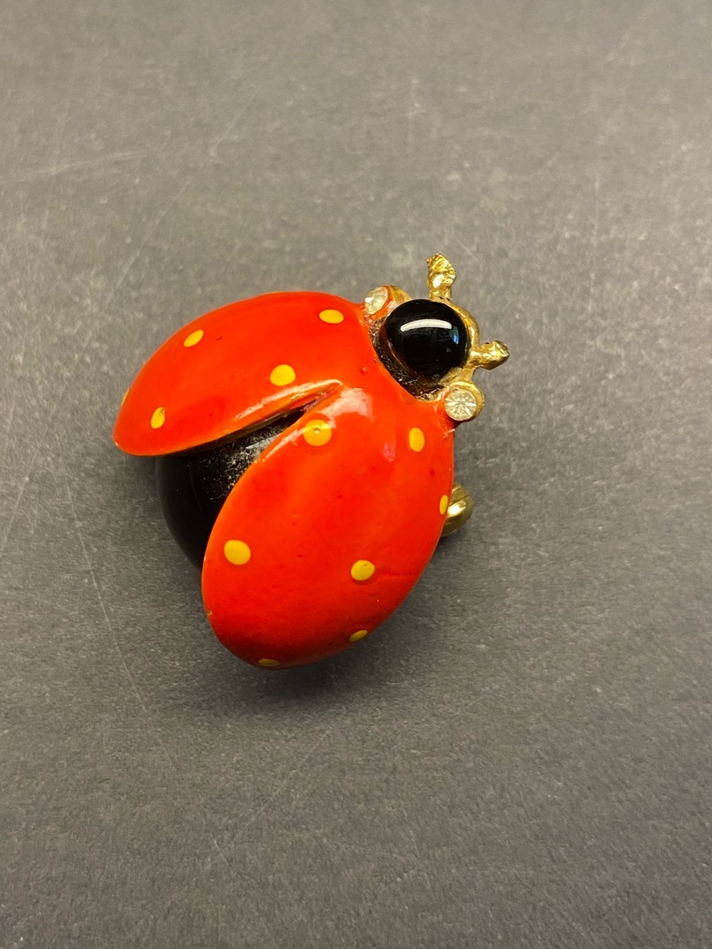 RARE Yellow Spots Vintage Red Enamel Ladybug Brooch Pin with Rhinestone Eyes